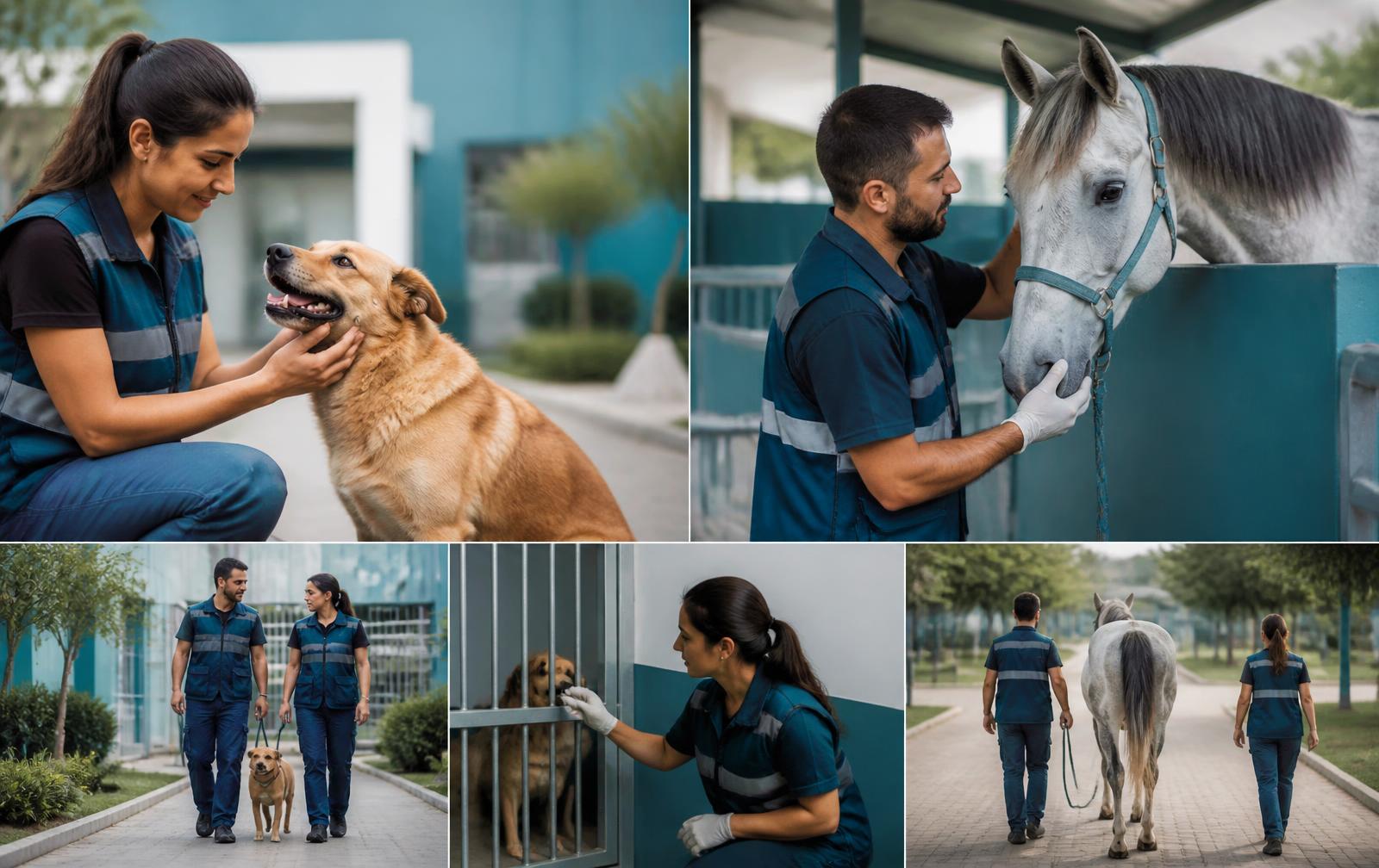 Equipe municipal de proteção animal atendendo um cão resgatado e um equino em unidade pública