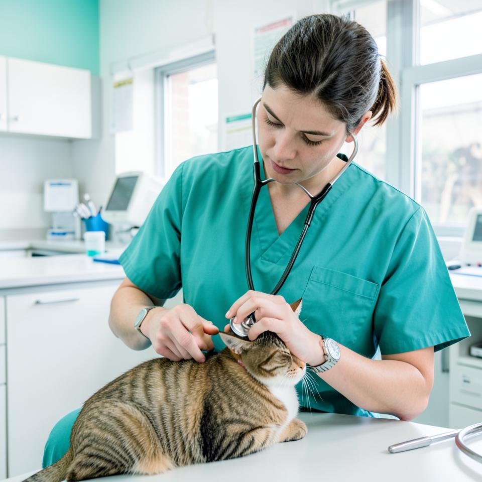 Veterinária auscultando um gato em clínica pública
